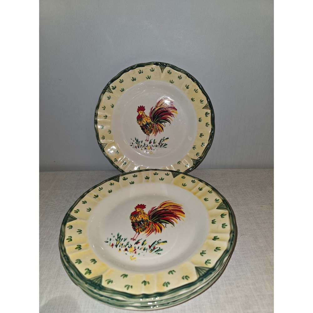 Gibson Rooster Plates Set of 4 Cream Red Green Farmhouse Country 11" Exc